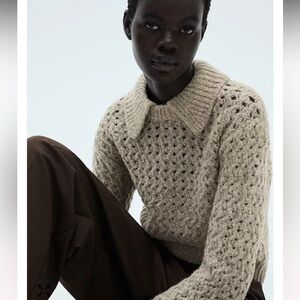 Mango Women’s Gray and Cream Openwork Knitted Polo Neck Sweater